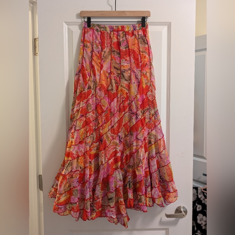 Vintage Yashica- Vibrant Red, Pink and Orange Ruffle Maxi Skirt